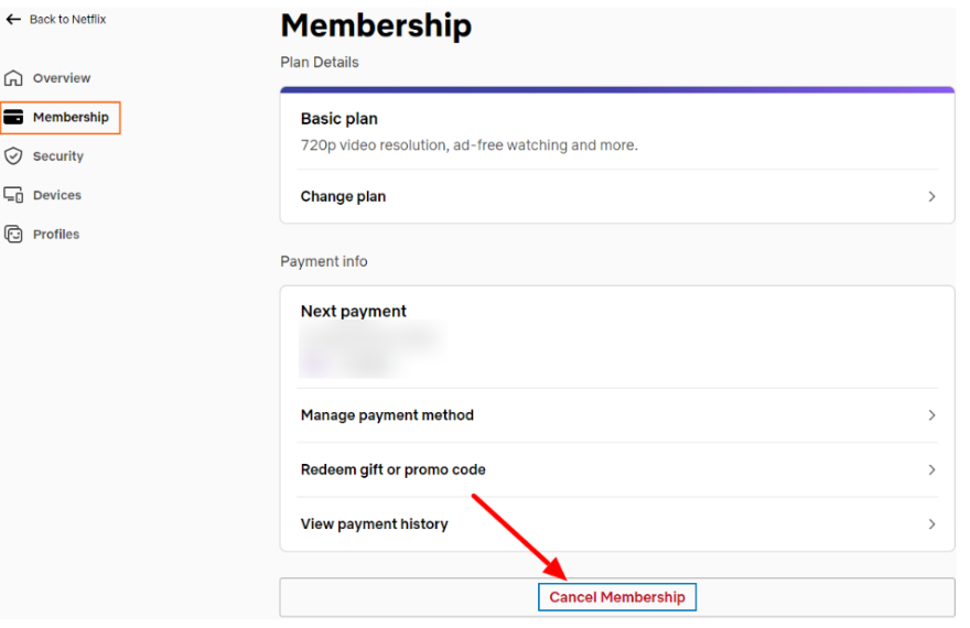 Click On The Cancel Membership Option