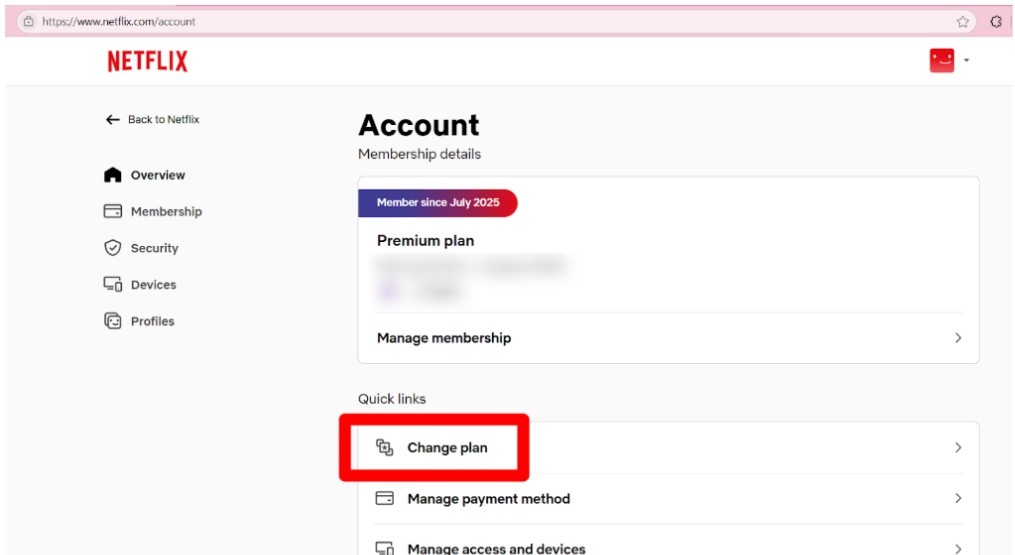 Change Plan page